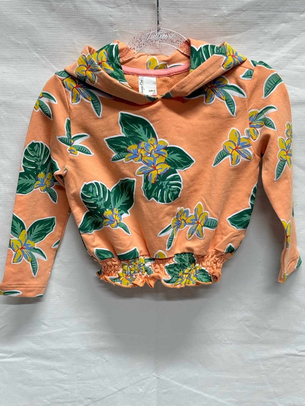 Sovereign Code Peach Floral Hooded Crop Sweatshirt with Green Leaves